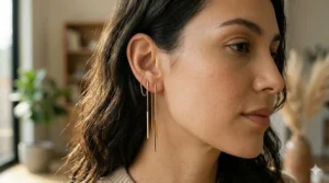 A close-up photorealistic illustration showing a pair of gold bar threader earrings styled creatively across multiple ear piercings for a modern, layered look.