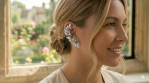 The long wire backing of a diamond ear climber ensuring a secure fit.