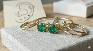 Jewelry stacking idea featuring small emerald stud earrings in gold paired with gold hoops.