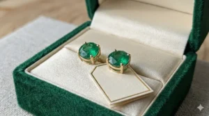 Luxury velvet gift box containing a pair of vibrant green emerald and gold stud earrings.