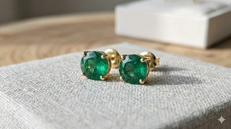 A pair of round-cut natural emerald stud earrings set in 14k yellow gold prongs. emerald stud earrings gold