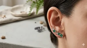 Intricate floral vine ear climbers with small emerald accents climbing the outer ear.