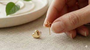Detailed view of the secure butterfly push-back closure on a solid gold heart stud earring.