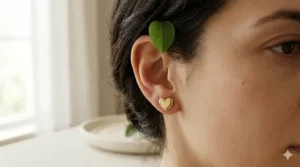 Close-up of a woman wearing a small gold heart stud earring for a classic everyday jewelry look.