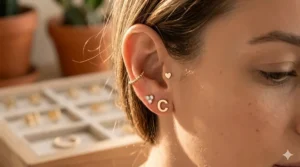 A scale illustration showing the small 5mm size of a gold initial stud earring against a human ear.