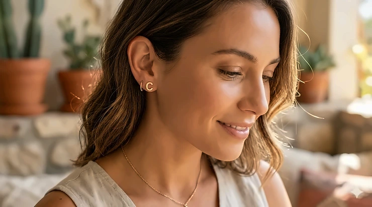 A woman wearing a dainty 14k gold initial stud earring in her lobe, styled with a gold hoop for a curated ear look. initial stud earrings gold
