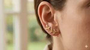 Elegant 14k gold ear climbers in a delicate leaf pattern crawling up the earlobe.