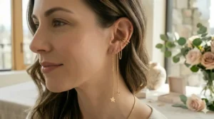 Dainty gold threader earrings featuring small celestial star charms.