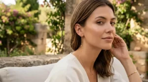 A woman wearing long 14k gold threader earrings styled with a chic evening dress.