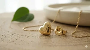 Macro shot showing the unique texture of a hammered gold heart stud earring next to its backing.