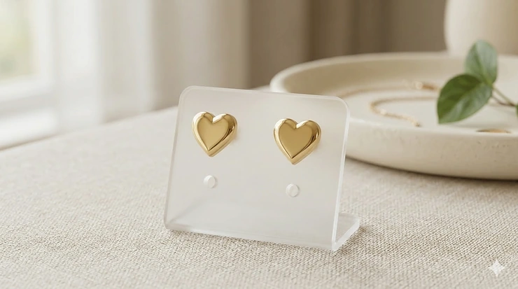 Pair of polished gold heart stud earrings displayed on a minimalist white jewelry stand in natural light. heart stud earrings gold