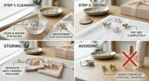 A photorealistic four-panel grid illustration showing step-by-step instructions: cleaning a silver cat stud with a toothbrush, drying a fox stud on a towel, storing an elephant stud in a velvet pouch, and avoiding chemicals like perfume, resting on a wooden surface with a linen texture under soft natural light.