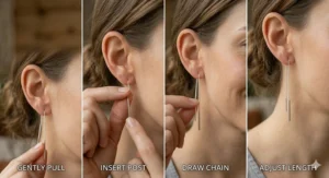 A photorealistic sequential guide showing the gentle insertion of a sterling silver threader earring into sensitive skin.