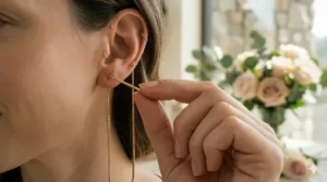 Step-by-step illustration showing how to safely thread a gold chain earring through the lobe.