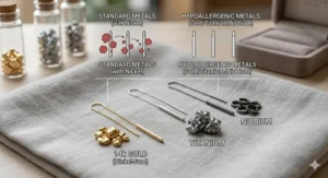 Diagram showing hypoallergenic metals used in threader earrings for sensitive ears, including 14k gold, titanium, and niobium.