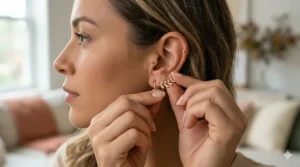 Step by step guide on how to wear ear climbers by threading the long wire through a standard ear piercing.