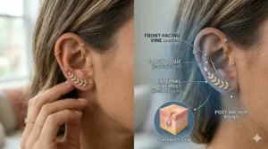 Diagram showing the correct orientation for left and right ear climbers to ensure they curve upward.