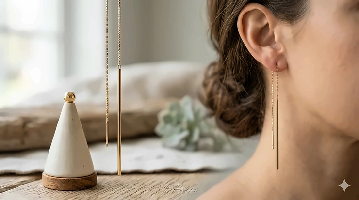 A pair of minimalist 14k gold long bar threader earrings hanging on a display stand.