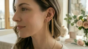 Extra long gold tassel threader earrings showing the fluid movement of the jewelry.