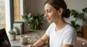 A photorealistic illustration on a model showing how multiple tiny minimalist silver threader earrings for sensitive ears are styled for comfortable daily wear in a domestic setting.