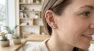 A close-up photorealistic photograph of a woman wearing a mismatched pair of sterling silver animal stud earrings, a cat silhouette and a paw print, styled in a lobe and helix piercing under natural light.