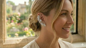 Nature-inspired leaf-shaped ear climbers in rose gold with diamond accents.