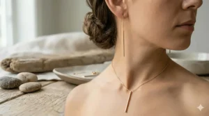 Delicate rose gold long bar threader earrings featuring a slim geometric design.