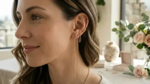 Comparison of rose gold and yellow gold threader earrings side-by-side.