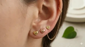 Ear styling inspiration featuring a stack of gold heart studs in multiple lobe piercings.