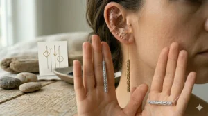 A curated ear look featuring a long bar threader earring looped through two piercings.