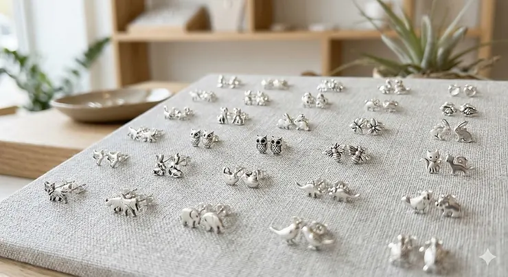 A curated collection of sterling silver animal stud earrings including tiny fox, owl, and honeybee designs on a minimalist display.