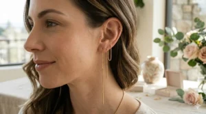 Close-up of gold threader earrings looped through two ear piercings for a curated ear look.