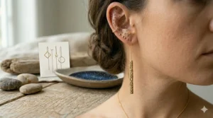 Detail shot of the thin chain and needle post of a long bar threader earring.