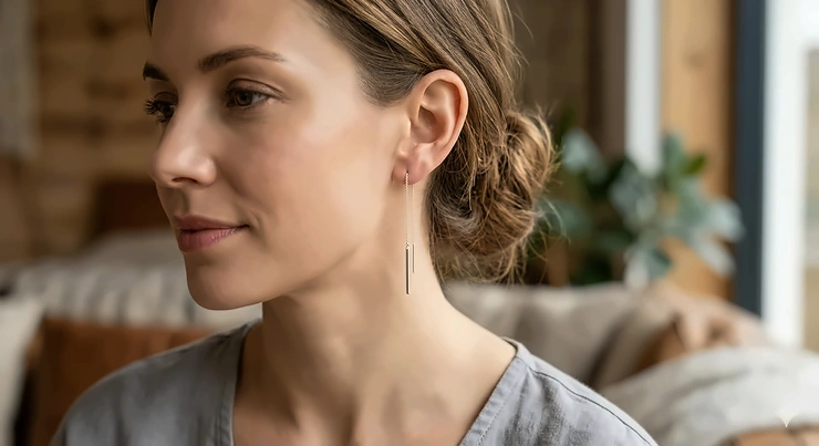 High-quality sterling silver threader earrings for sensitive ears shown on a model, highlighting the sleek minimalist design and hypoallergenic finish.