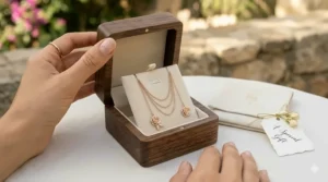 A pair of delicate threader earrings presented in a luxury velvet gift box.