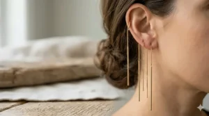 Side profile of a woman wearing elegant long bar threader earrings in sterling silver.