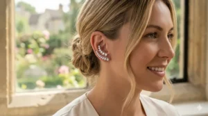 A pair of white gold ear climbers featuring a minimalist diamond row design.