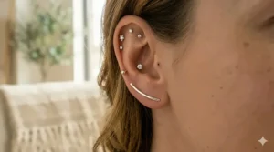 A curated ear stack featuring a gold bar ear climber paired with small diamond studs.