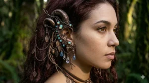 Black metal gothic elven ear cuffs with sharp edges and dark crystal accents.
