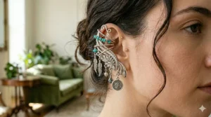 Bohemian-style statement ear cuffs with dangling charms and turquoise stones.