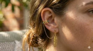 Bohemian style ear cuff with long chain and dangling leaf pendant.