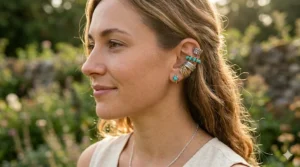 A curated stack of textured boho ear cuffs for women featuring turquoise accents and leaf patterns.