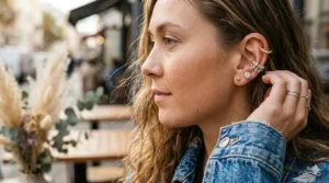 A lifestyle photo of a woman wearing a casual denim jacket paired with sparkling crystal ear cuffs.