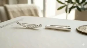 Side-by-side comparison of a straight vertical bar ear climber and a slightly curved ear crawler.