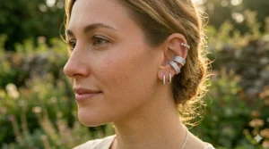 Luxurious pavé diamond ear cuffs for women paired with classic hoop earrings.