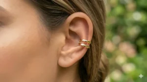 A double-layered gold no-pierce ear cuff that creates the illusion of two cartilage piercings, shown in a photorealistic close-up on the helix.