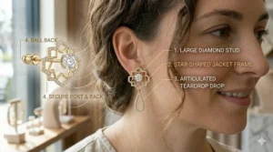 Stylish double drop earring jackets featuring hanging gold chains and minimalist charms.