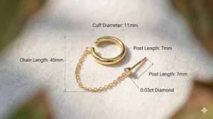 Diagram showing the length of a thin chain on a clip-on ear cuff.