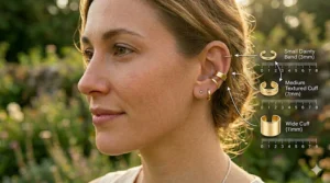 A scale comparison showing different diameters of ear cuffs for women from small dainty bands to wide cuffs.