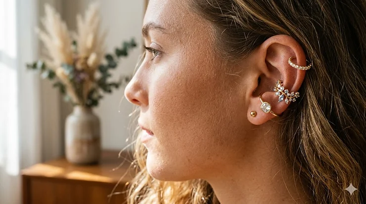 A close-up of a model wearing elegant gold ear cuffs with crystals, styled for a formal evening look.